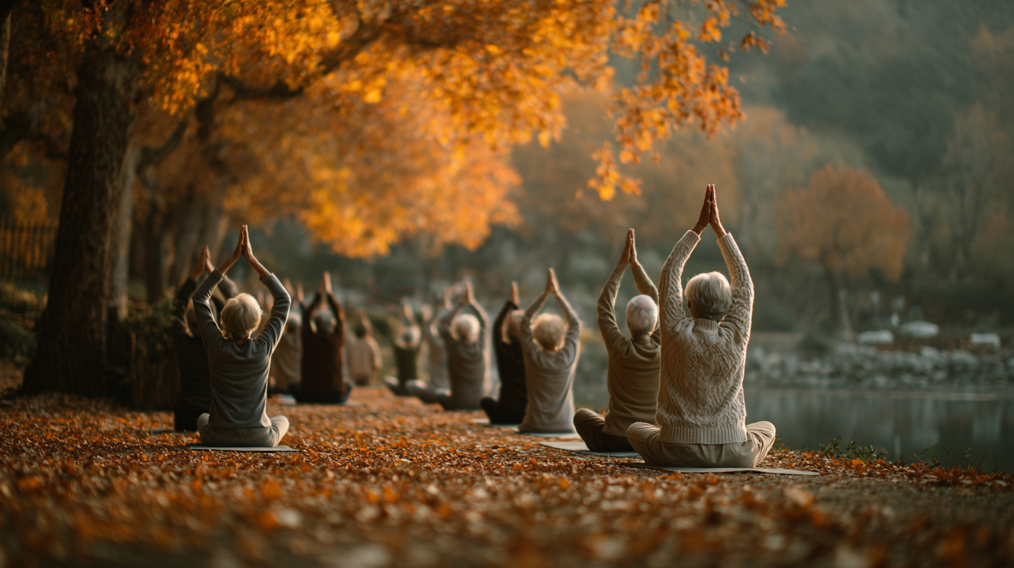 Група людей старшого віку займається йогою на природі